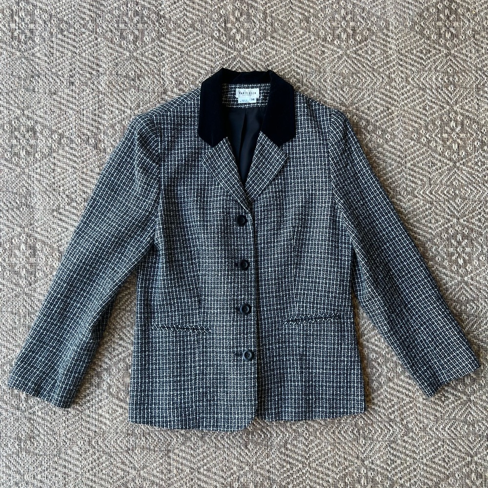 Van Heusen Vintage Black Tweed Blazer Velvet‎ Collar Womens Size 14